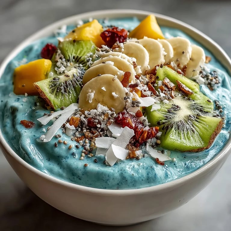 Creamy blue spirulina smoothie bowl, laden with fresh mango and kiwi, a healthy treat.
