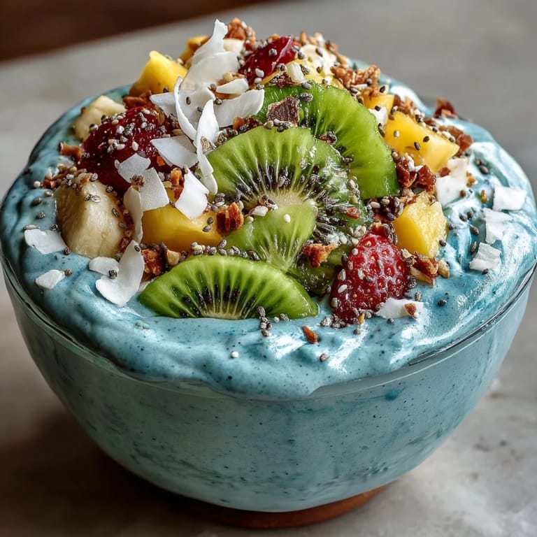 A visually stunning blue spirulina smoothie bowl, artfully decorated with exotic fruit toppings.