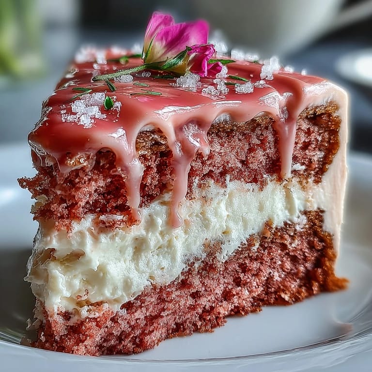Decadent Rosé Velvet Cake with a luscious cream cheese frosting and opulent gold accents.