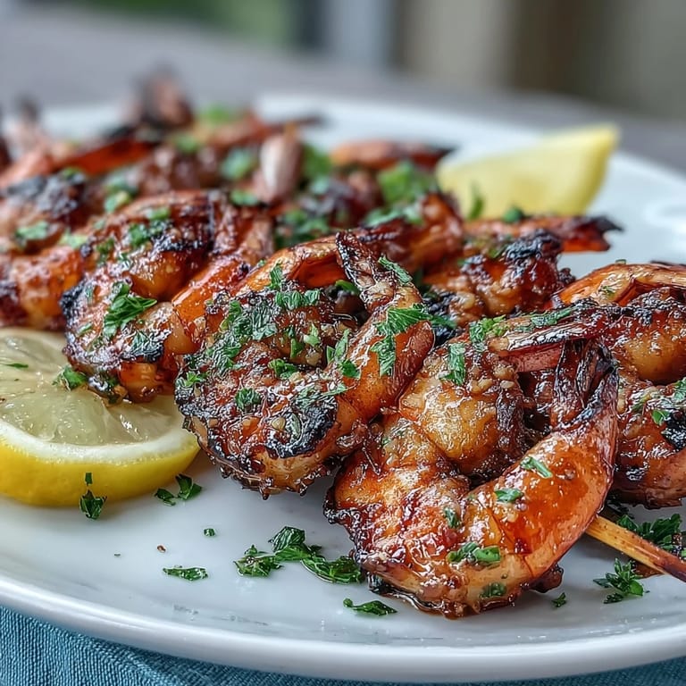 Juicy, tender honey garlic shrimp skewers, a perfect grill-out entrée.