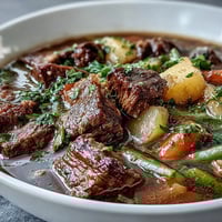 Hearty Beef and Vegetable Soup simmers in a rustic pot, featuring tender beef, carrots, and potatoes in a rich, savory broth.