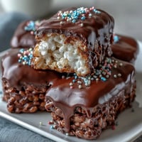 Golden bars of Chocolate Covered Rice Krispy Treats studded with rainbow sprinkles on a white platter.
