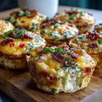 Golden-baked Breakfast Egg Muffins with melted cheddar, crumbled bacon, and vibrant diced bell peppers, served warm.