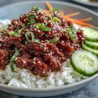 Sizzling Korean Beef Bowl with savory gochujang sauce, served over fluffy rice with fresh cucumber and carrots.