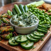 Fresh green snack board with cucumber, snap peas, and creamy avocado ranch dip for healthy entertaining.
