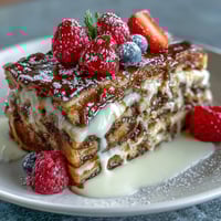 A golden pancake casserole with fresh berries and creamy custard, perfect for a festive Mothers Day brunch.