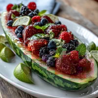 Watermelon carving board with berries, artfully arranged on a rustic serving platter, perfect for summer entertaining.