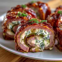 Ham, cream cheese, and pickle pinwheels with dill and garlic on a white platter, ready to serve as a party appetizer.
