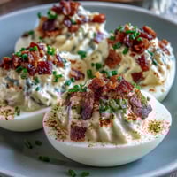Crispy bacon and creamy ranch deviled eggs, garnished with fresh chives and paprika, perfect for Easter brunch or parties.