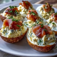 Smoked Salmon Deviled Eggs with Everything Seasoning, a creamy brunch appetizer topped with zesty everything bagel spice.