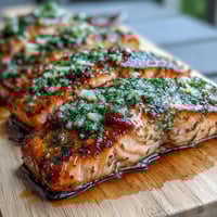 Cedar Plank Salmon with Garlic Dill: Smoky grilled salmon fillets on aromatic cedar, infused with fresh dill and garlic, garnished with lemon slices.