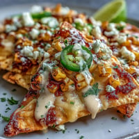 Golden baked Cinco de Mayo Elote Nachos piled high with cheese and crema.