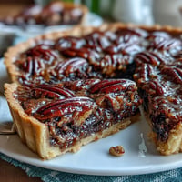 Decadent chocolate bourbon pecan tart, rich filling piled high on flaky crust.